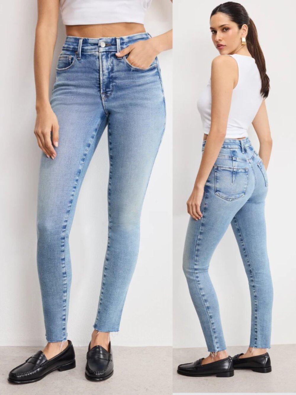 GOOD AMERICAN Soft Tech Good Legs Skinny Jeans Raw Hem Womens 16 Minimalist Chic